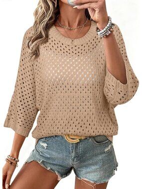 Women Parchment Sweater Crew Neck Length Sleeve Crochet Top Knit Beach Cover Ups